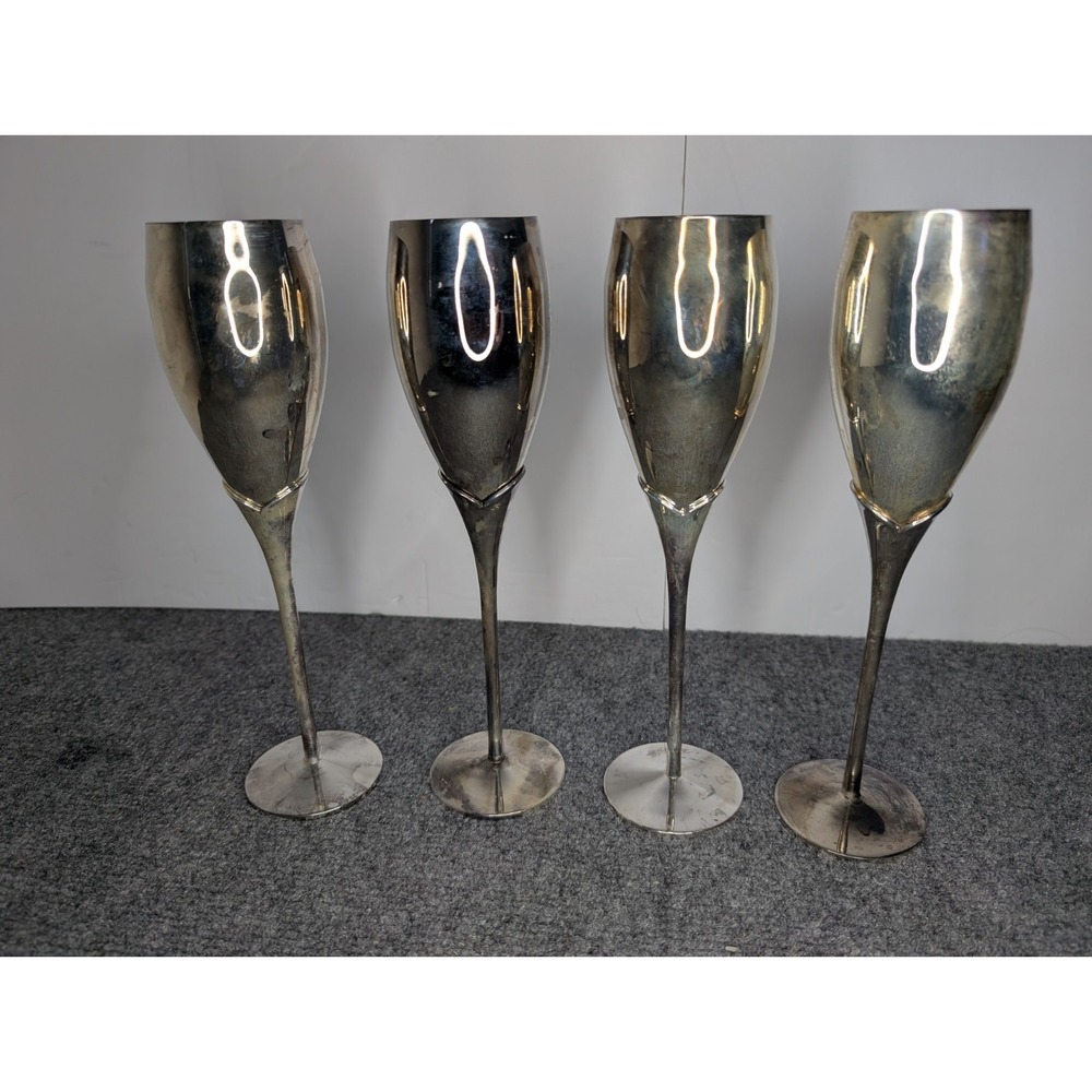 Set Of 4 Sheridan Taunton Silversmiths Silver Champagne Flutes Drink Glasses